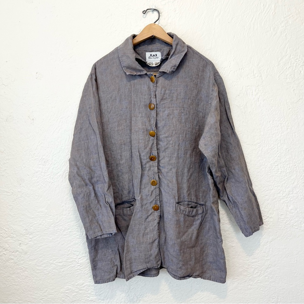 Flax Shirt Jacket Button Down Blue Beige Medium M Oversized